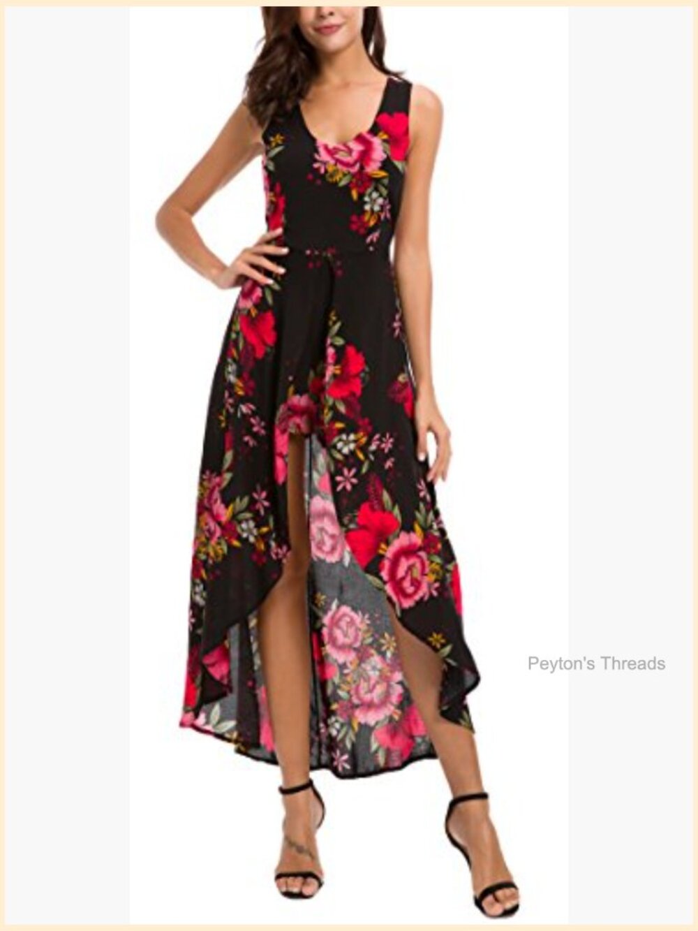 Sleeveless Scoop Neck Floral Rayon Party Split Maxi Romper Dress - Picture 3 of 7